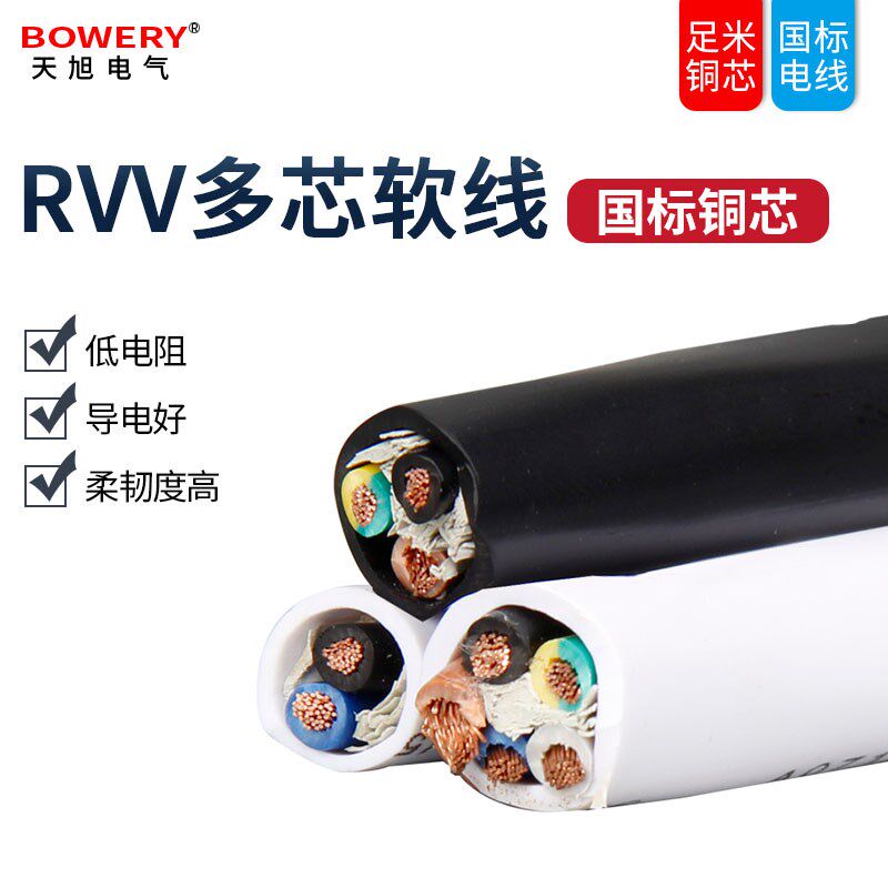 国标纯铜RVV2芯软电线3心1.5/4/6/10/16平方护套线户外防水电缆线