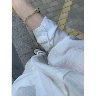 白色长袖 衬衫 女韩系微透防晒开衫 叠穿宽松休闲衬衣Polo领外套夏季