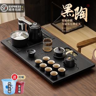 臻惜 2025新款黑陶茶具套装半自动懒人泡茶器玻璃烧水整套石茶盘