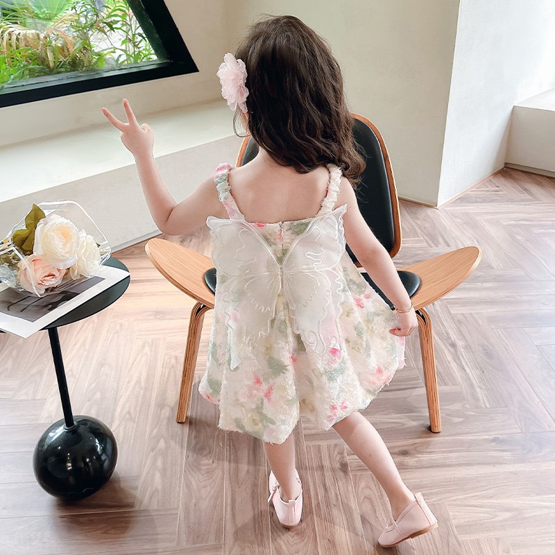 女童夏季蝴蝶连衣裙2025新款宝宝洋气公主裙儿童甜美吊带碎花裙子