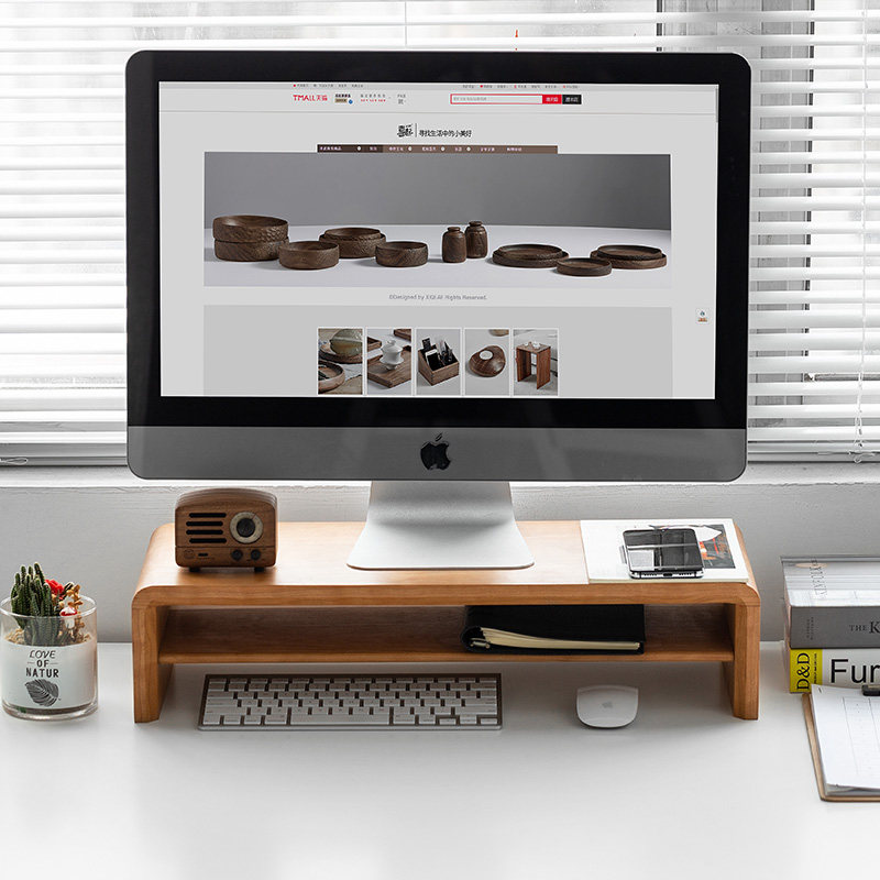 喜起胡桃木实木显示器增高架 双层收纳置物架 电视机底座垫高支架