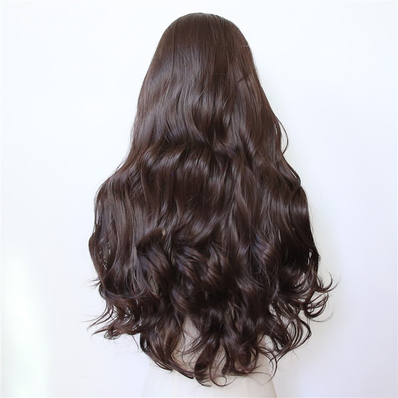 栗色化纤前蕾丝高温丝假发套深棕色逼真欧美大波浪长卷发整顶假发