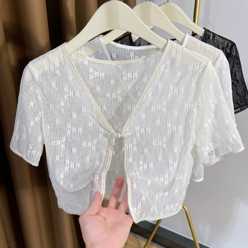新中式蕾丝短袖开衫女披肩吊带裙外搭防晒罩衫配旗袍国风短款上衣