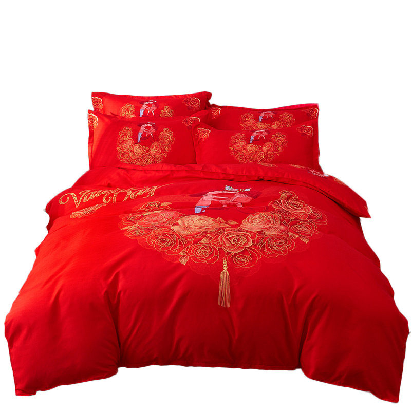 婚庆磨毛四件套2.0m新婚喜被被套1.8m床双人结婚用品纯棉大红床单