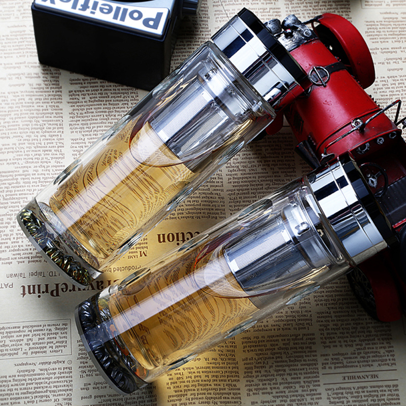 茶水分离商务双层水晶杯温度计微保暖水杯男女过滤玻璃办公礼品杯