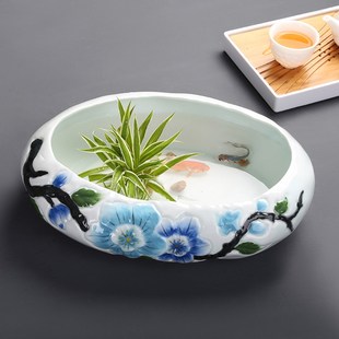 养鱼创意长方形绿萝盆栽植物室内花盆陶瓷栽景专用简约铜钱草水培