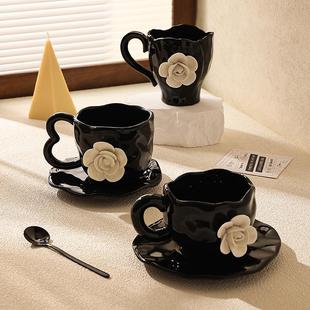 山茶花陶瓷马克杯女士水杯高档精致家用早餐杯小众 咖啡杯碟套装