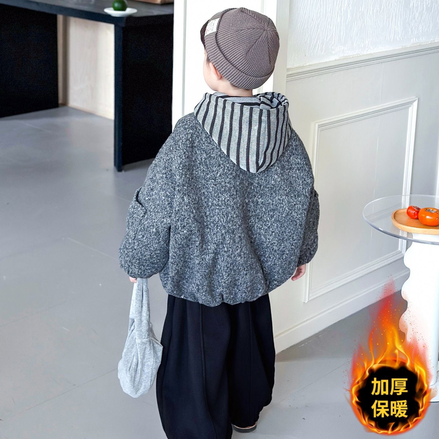 男童夹棉套装秋冬装2025新款儿童加厚毛呢外套冬季加绒卫衣三件套