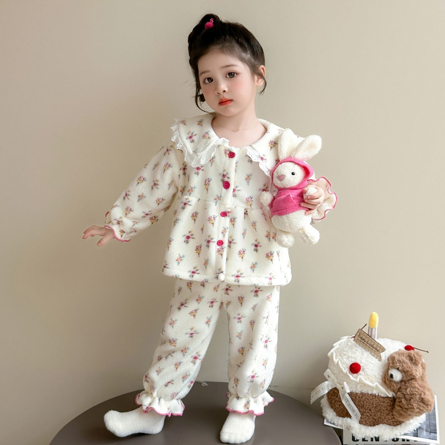女童睡衣秋冬季法兰绒开衫套装女宝宝冬款公主风儿童珊瑚绒家居服