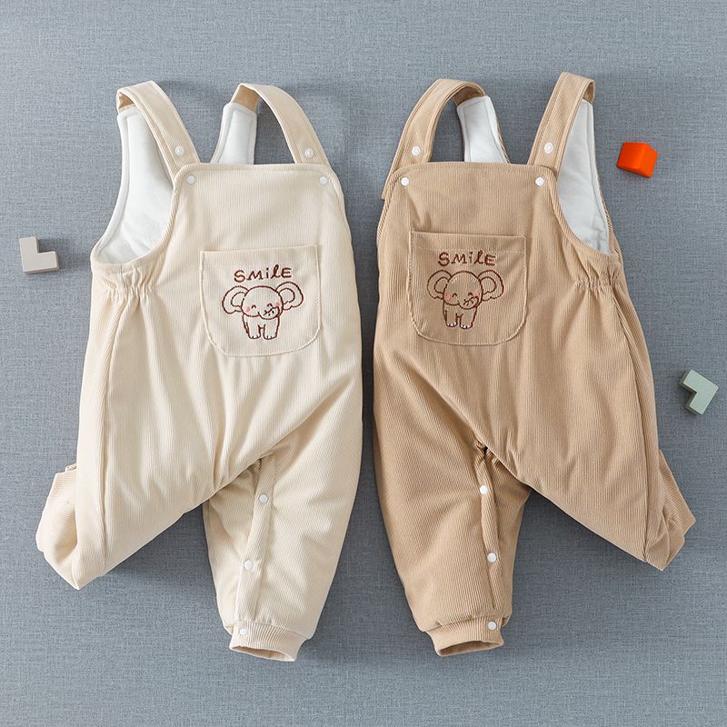 婴儿背带裤男女宝宝闭裆按扣加厚秋冬季裤子高腰护肚外穿幼儿棉裤