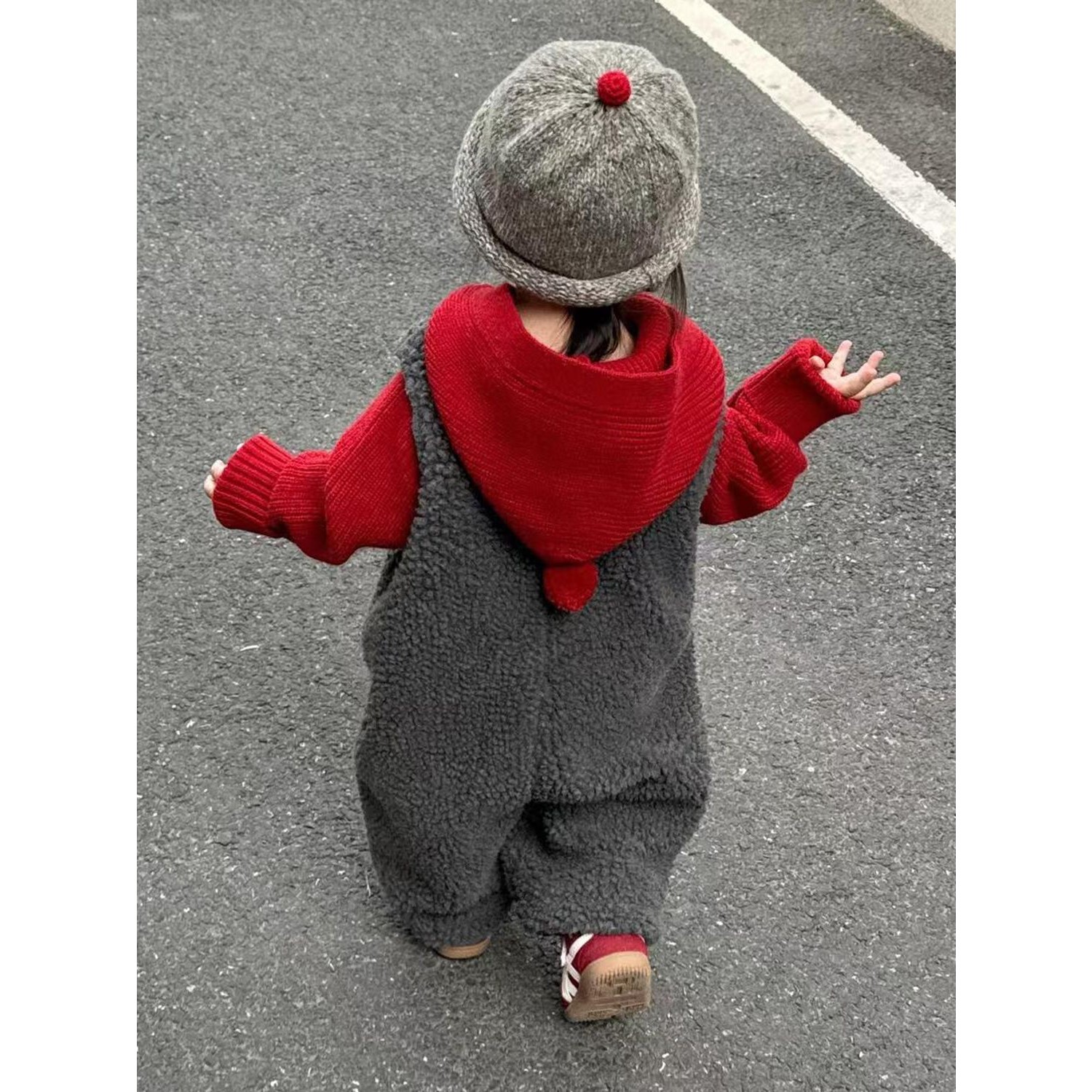 韩国童装秋冬宝宝精灵帽毛衣圣诞红色针织衫男女童毛绒保暖连体裤