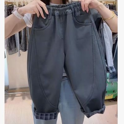 2025韩版新款男童秋冬季长裤洋气休闲裤童百搭棉布格子翻边哈伦裤