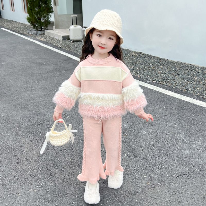 女童春秋毛衣套装2024新款儿童时尚条纹针织衫秋冬宝宝洋气两件套