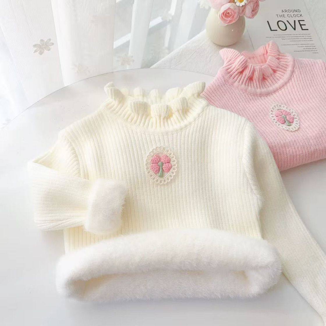女童一体绒毛衣加绒新款儿童韩版花边领打底衫宝宝百搭保暖针织衫