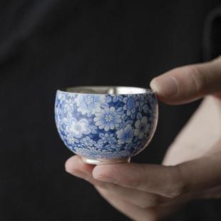 999鎏银珐琅彩青花陶瓷主人杯功夫茶杯家用复古单个品茗杯鎏银杯