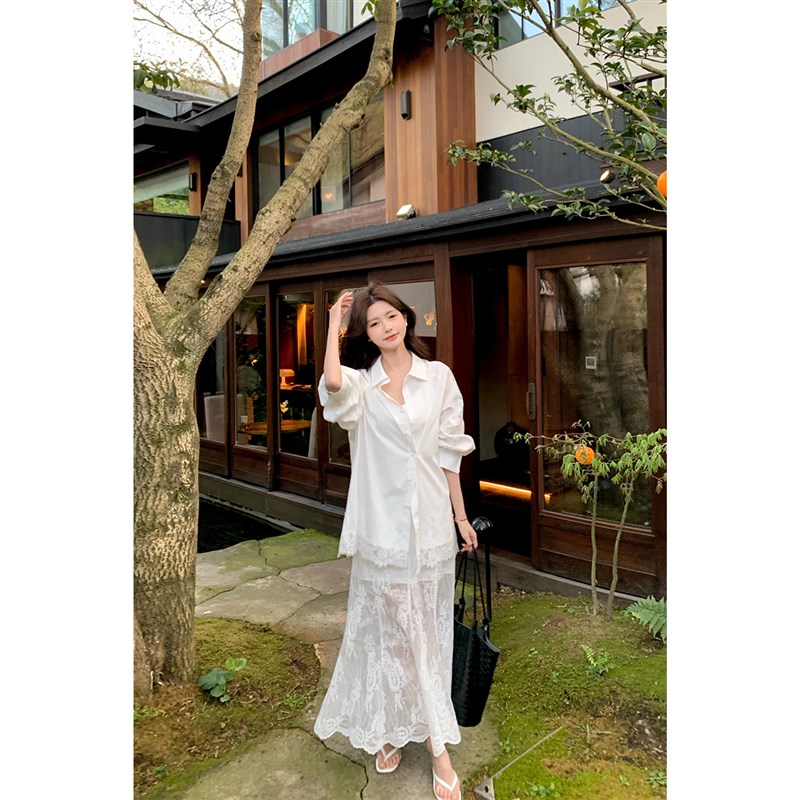 佐佐家小个子法式蕾丝拼接长袖衬衫夏季女宽松薄空调防晒外套上衣