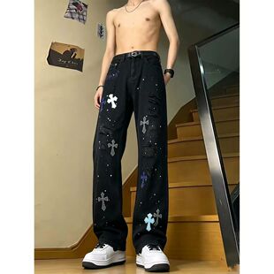 黑色破洞烫钻十字架牛仔裤男款2026夏季薄款穿搭潮牌直筒长裤时尚