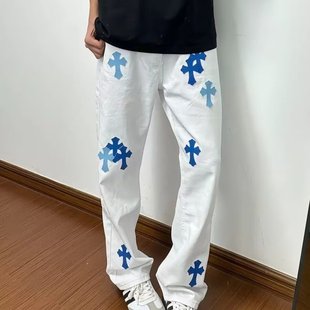 白色贴皮十字架直筒牛仔裤男女设计感中腰气质显瘦阔腿长裤子百搭