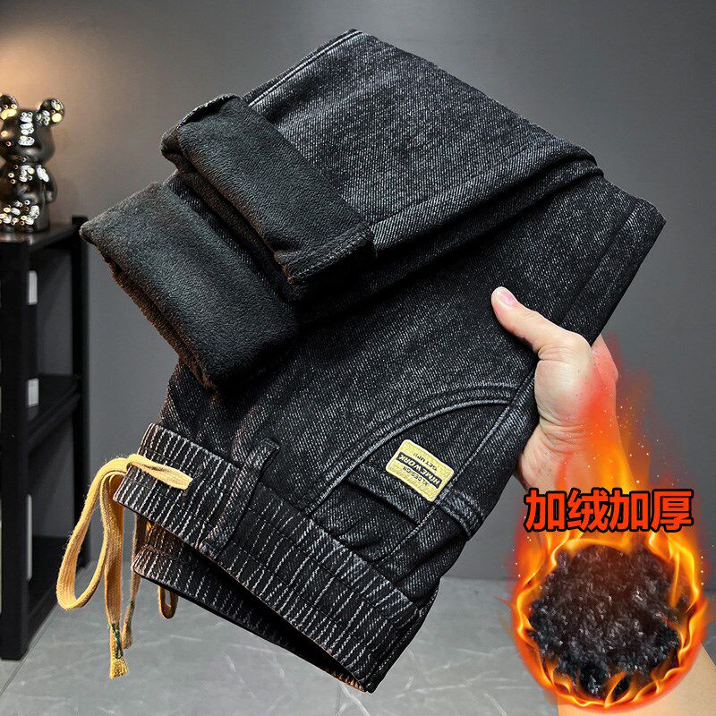 系带牛仔裤男秋冬款男士加绒裤2025冬季新款松紧腰加厚休闲长裤子