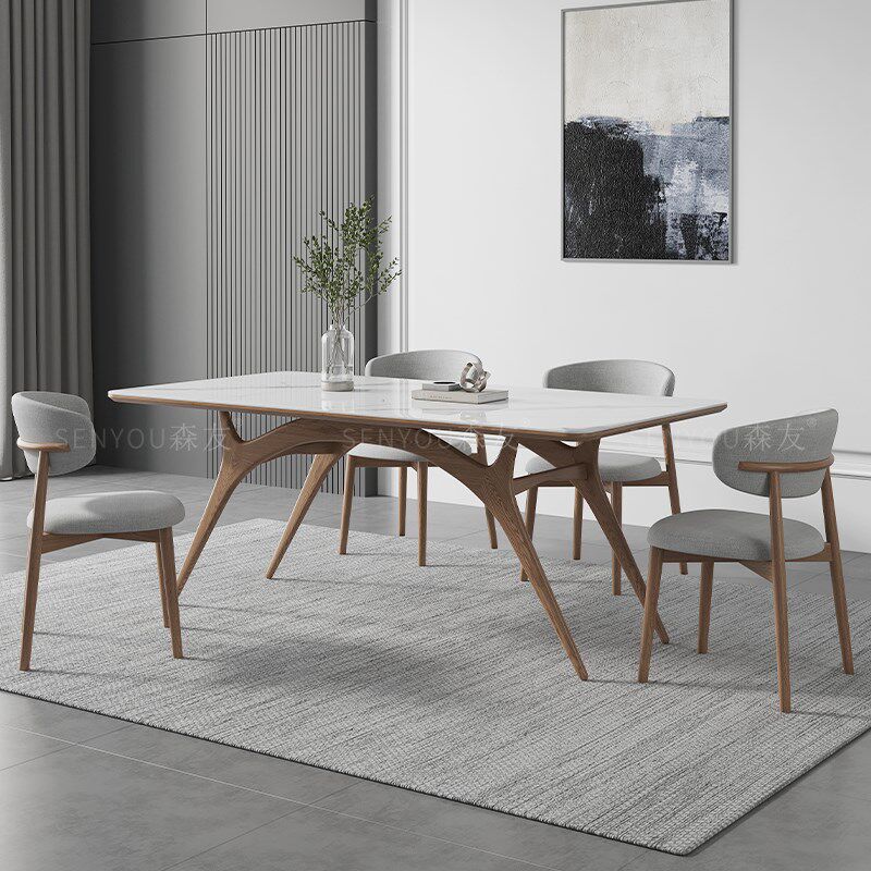 新中式全实木岩板家用日式北欧简约餐桌椅组合长方形饭桌子