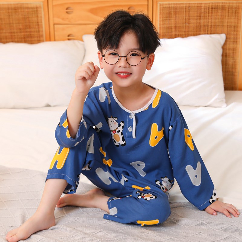儿童睡衣夏季长袖薄款套装卡通棉绸男童女童宝宝中大童空调家居服