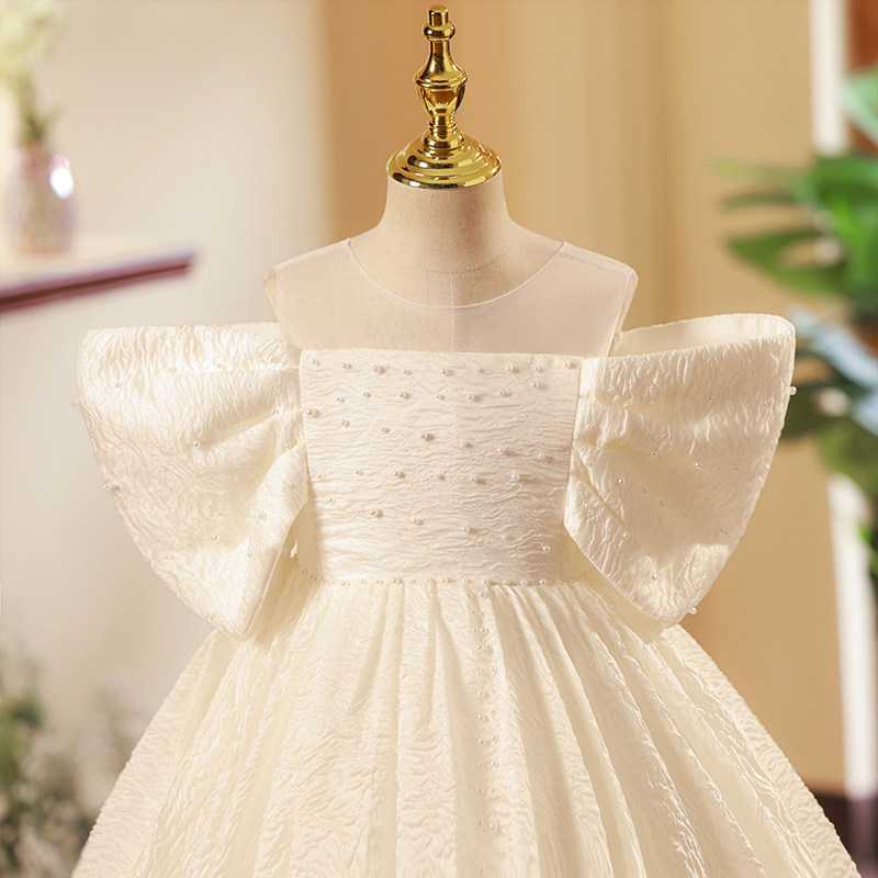 女童礼服轻奢小众高端2023新款夏儿童走秀主持人礼服白色钢琴拖尾