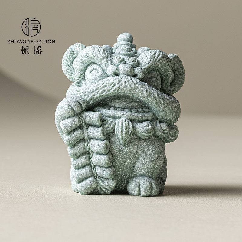 栀摇创意青砂石醒狮鞭炮茶宠家居摆设可爱治愈系入户玄关装饰摆件