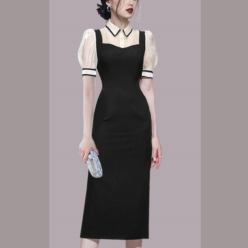 polo连衣裙长款夏职场轻熟风女装衬衫领修身开叉假两件黑色背带裙