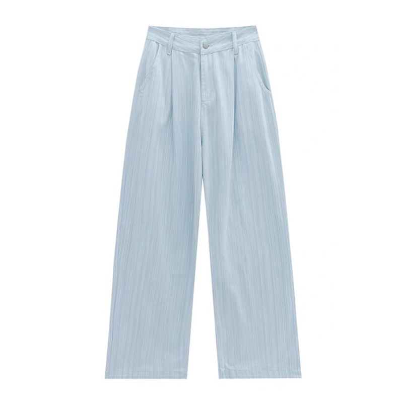 蓝色条纹休闲裤女秋新款胖mm高腰宽松显瘦肌理感梨形身材阔腿裤子