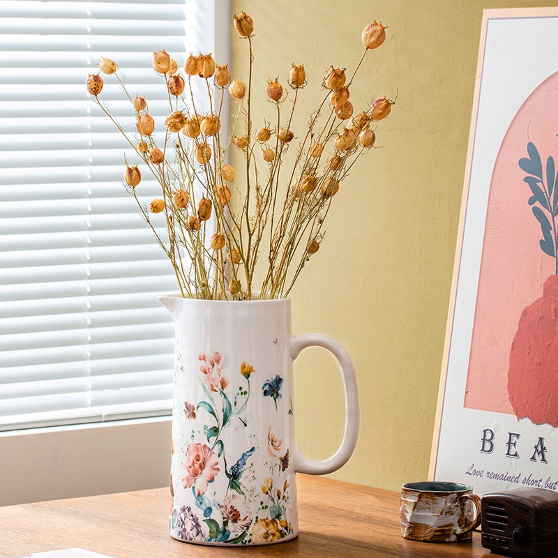 复古大花瓶摆件富贵竹客厅干花插花雪柳百合马醉木冬青陶瓷田园风