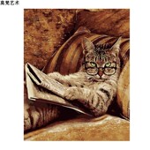 数字油画手工填充戴眼镜看书 猫咪减压手绘涂色丙烯油彩画画