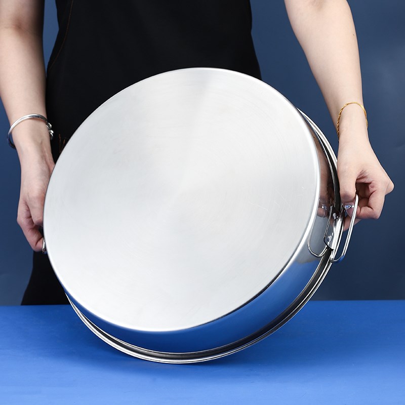 加厚双耳不锈钢蒸饭盆饭盘蒸糕盘直身平底凉皮锣锣糕点大圆盘深盘