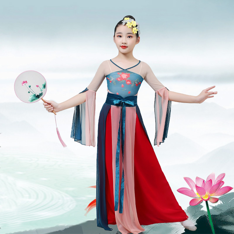 儿童古典演出服飘逸中国风舞蹈服古风汉服民族纱衣敦煌女童表演服