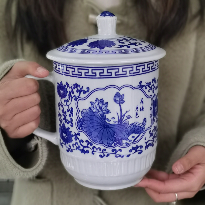 青花瓷茶杯中式复古釉下彩景德镇单杯办公杯家用大号带盖水杯商用