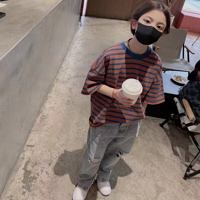 女童短袖夏季条纹T恤2023新款韩版童装大童男童夏装拼色t宽松上衣