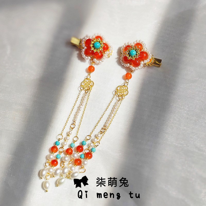 汉服头饰女儿童红色国风公主超仙珍珠女童流苏步摇敦煌风琉璃发夹