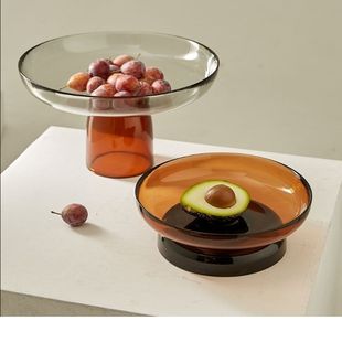 饰品 彩色高脚玻璃果盘摆件现代轻奢家用客厅茶几餐桌零食水果盘装