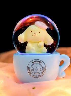 新款卡通杯子狗迷你水晶球可爱萌宠大耳狗带灯儿童房摆件生日礼物