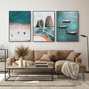 意大利风景装饰画客厅沙发背景墙画卧室三联挂画阿马尔菲海滩壁画