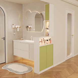 奶油风浴室d干湿分离半墙隔断柜洗手台侧边柜组合多功能收纳储物