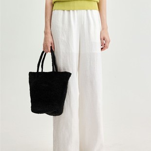 长欢 女春秋新款 寺山文也 斜纹亚麻松紧腰简约纯色通勤拖地阔腿裤