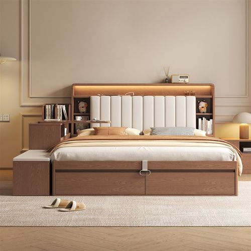 2025年新款橡木全实木床1米8高箱储物床现代简约收纳双人主卧大床