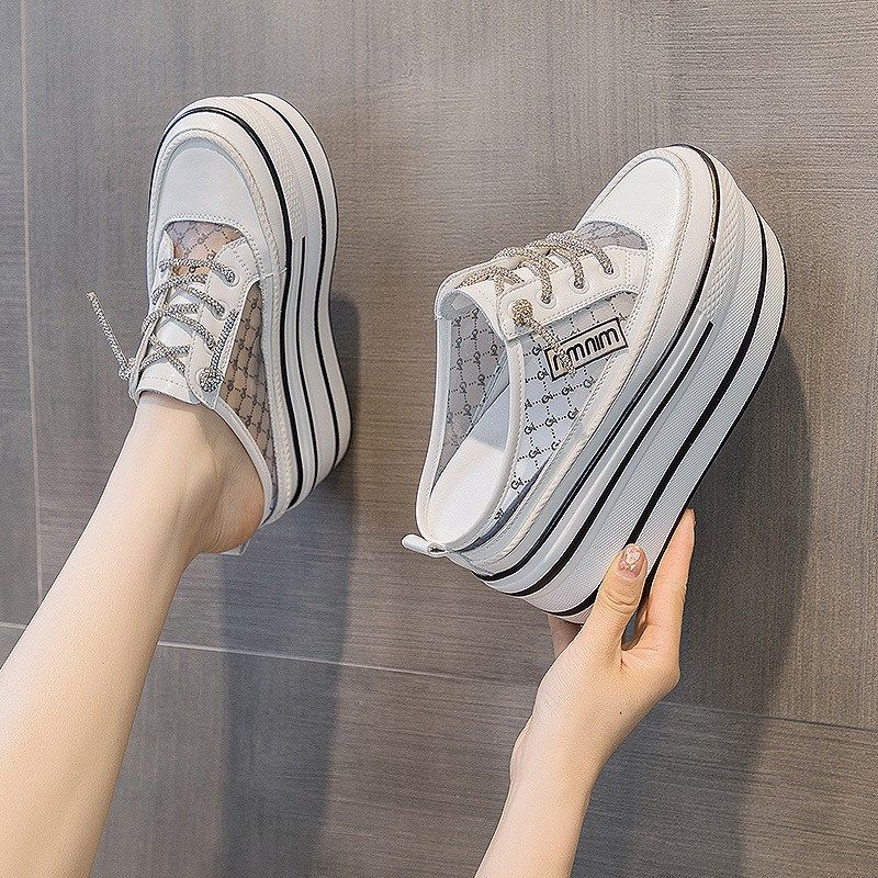 内增高包头半拖鞋女10CM坡跟超高跟鞋J防水台松糕厚底网纱水钻凉