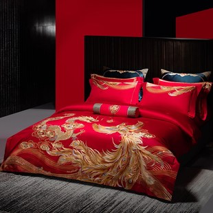 婚庆四件套140支全棉大红色龙凤刺绣喜被高档婚房陪嫁结婚十件套