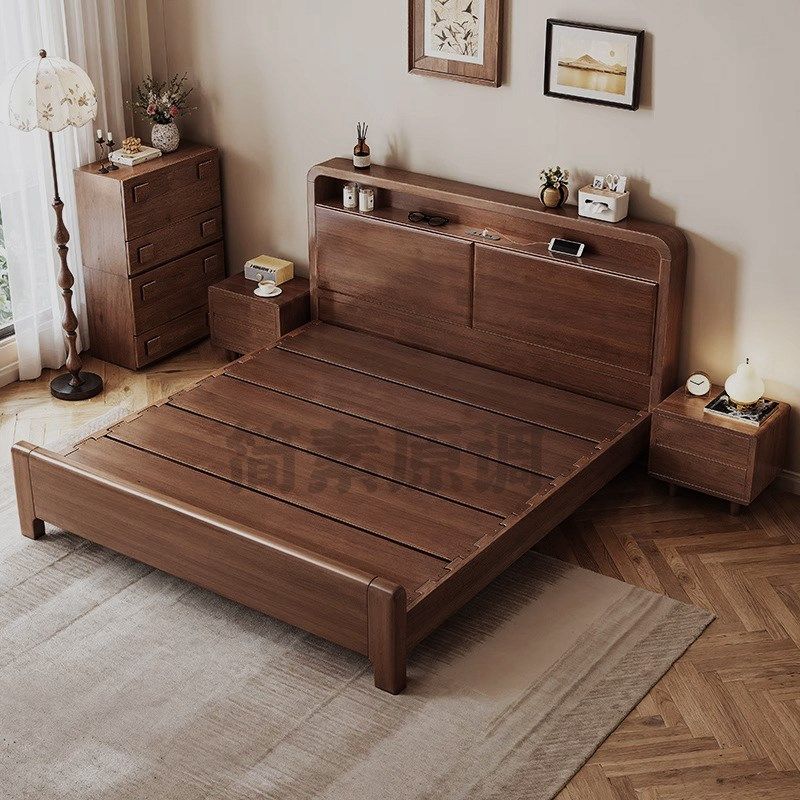 榫卯胡桃色实木床1米2单人床现代简约1米5收纳床1.8m双人储物婚床