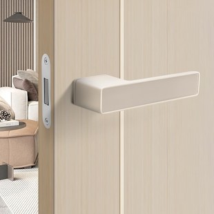 米白色极简门锁室内生态木门锁具磁吸静音卧室门把手奶油风房门锁