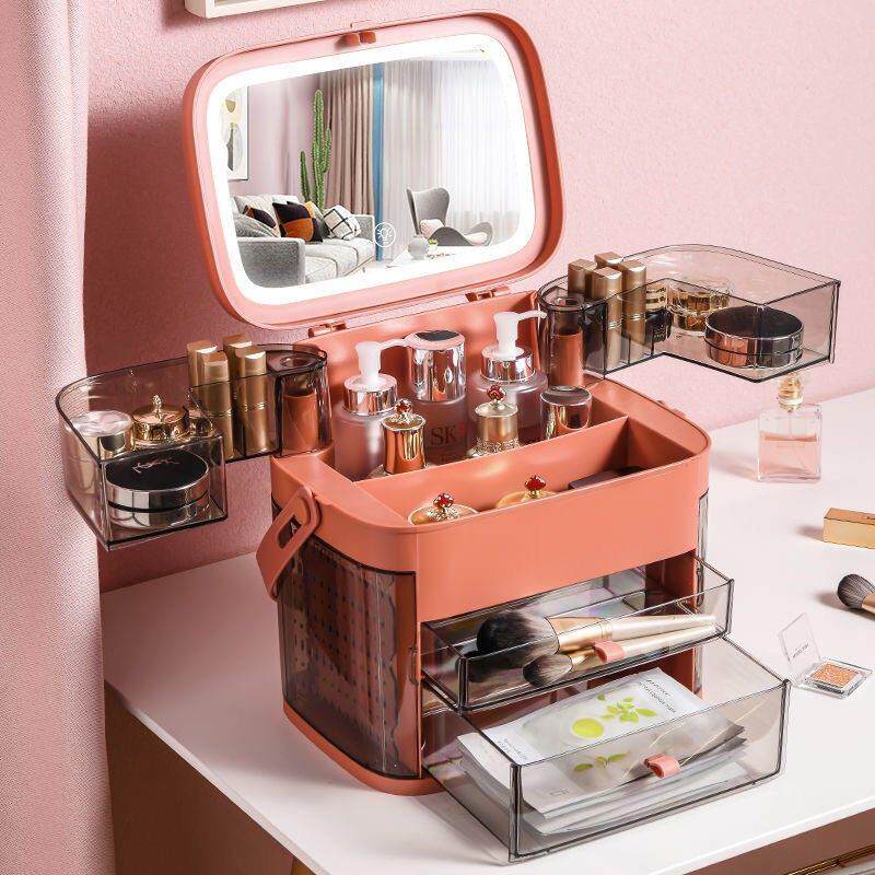 网红化妆品收纳盒防尘护肤品化妆台桌面led带镜子首饰手提置物架