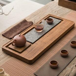 乌金石小茶盘家用轻奢现代简约实木干泡石头茶台带排水管茶海套装
