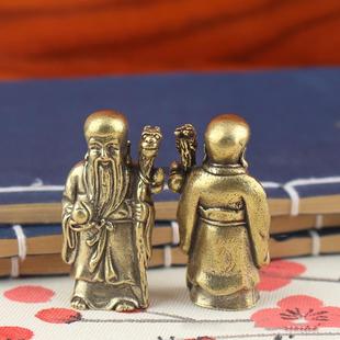 黄铜做旧托桃老寿星桌面摆件迷你小铜器手把件纯铜工艺品长寿仙翁