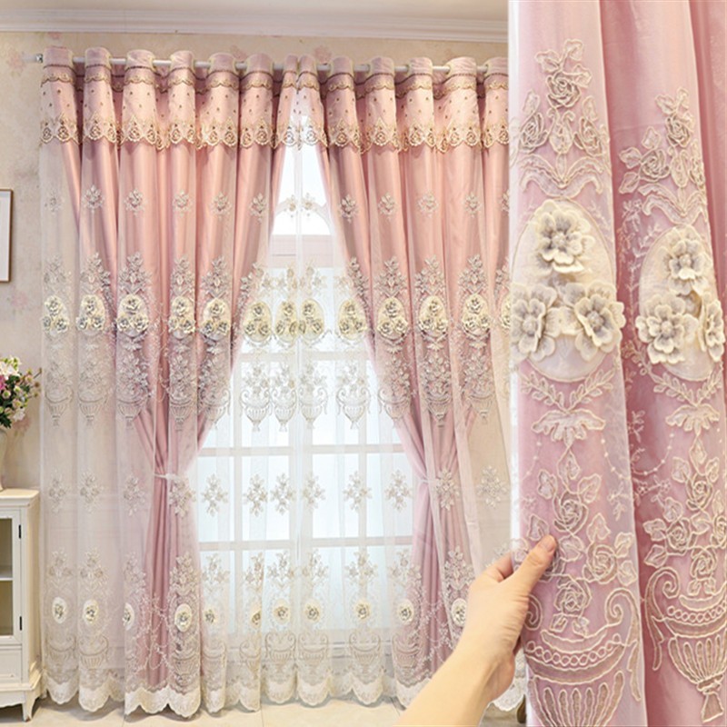 简约欧式大气轻奢浮雕绣花纱窗帘新款客厅卧室成品双层全遮光